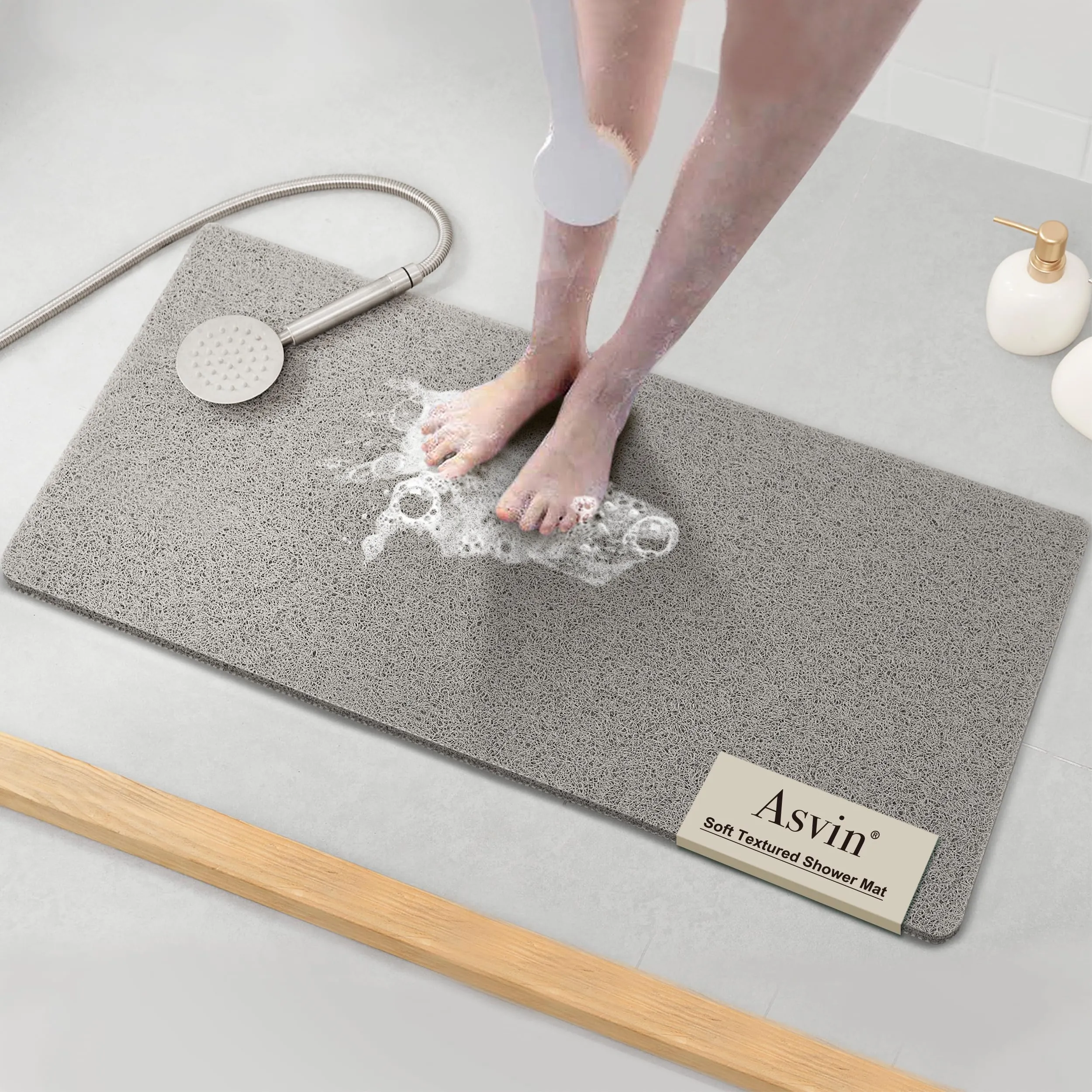 Asvin Soft Textured Bath, Shower, Tub Mat, 35x16 Inch, Phthalate Free, Non Slip Comfort Bathtub Mats with Drain, PVC Loofah Bathroom Mats for Wet Areas, Quick Drying